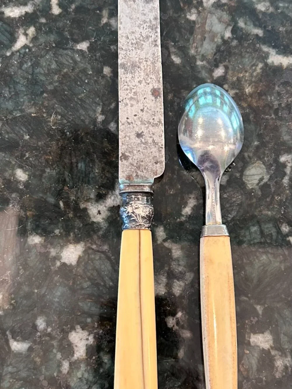 Vintage Mixed Lot:  Celluloid Fixed Blade Knife & Silver-Plated Spoon Circa 1900